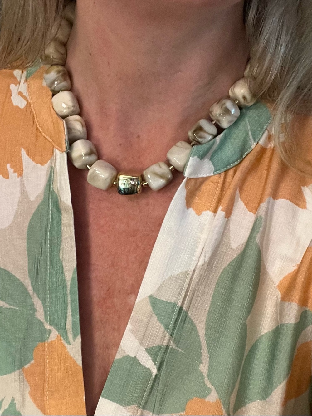 Ivory Beaded Necklace with Gold Accent